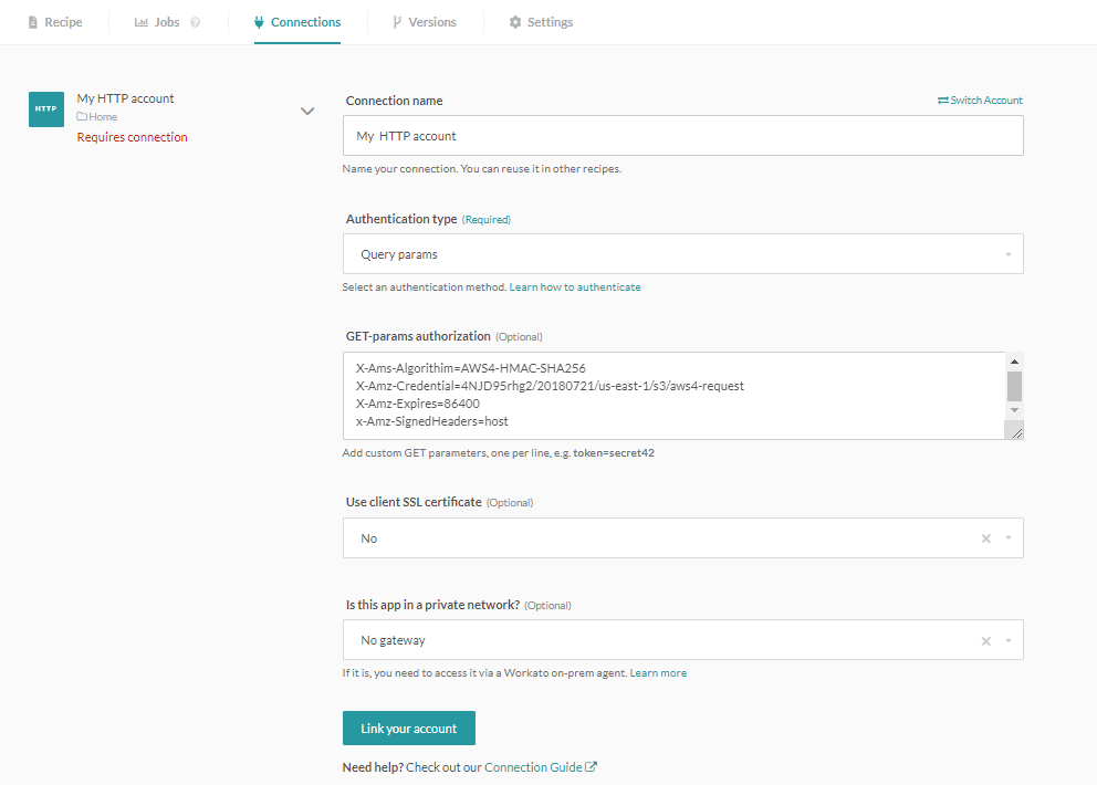 HTTP connector authentication type: Query params