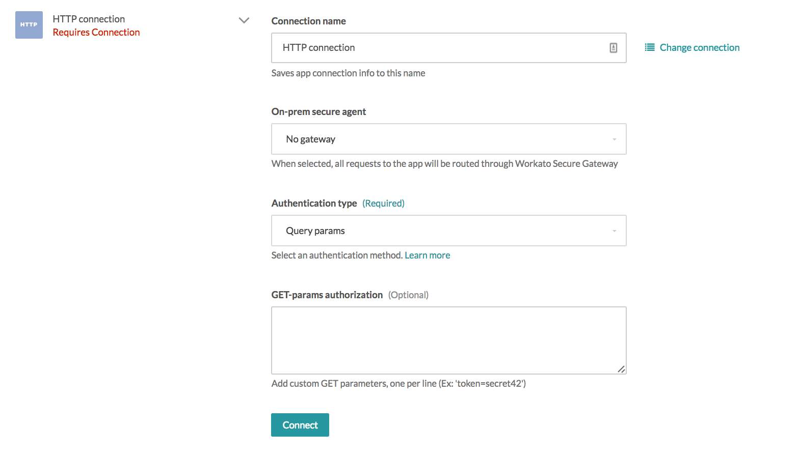 HTTP connector authentication type: query params