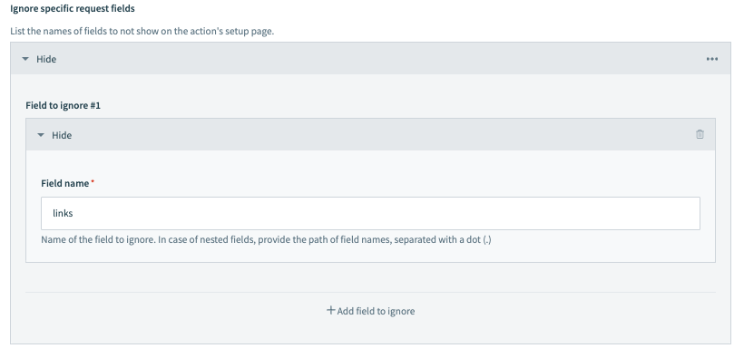 Connector configured to ignore input fields named links