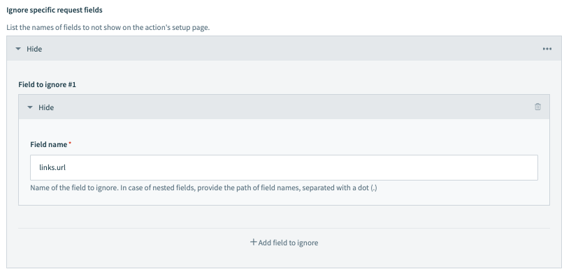 Connector configured to ignore input fields named links