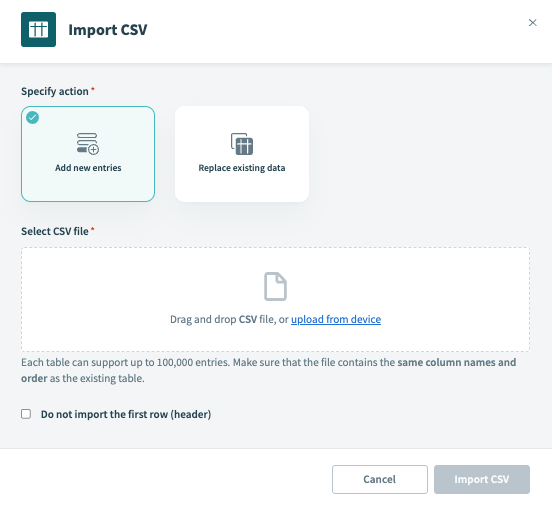 Import CSV window