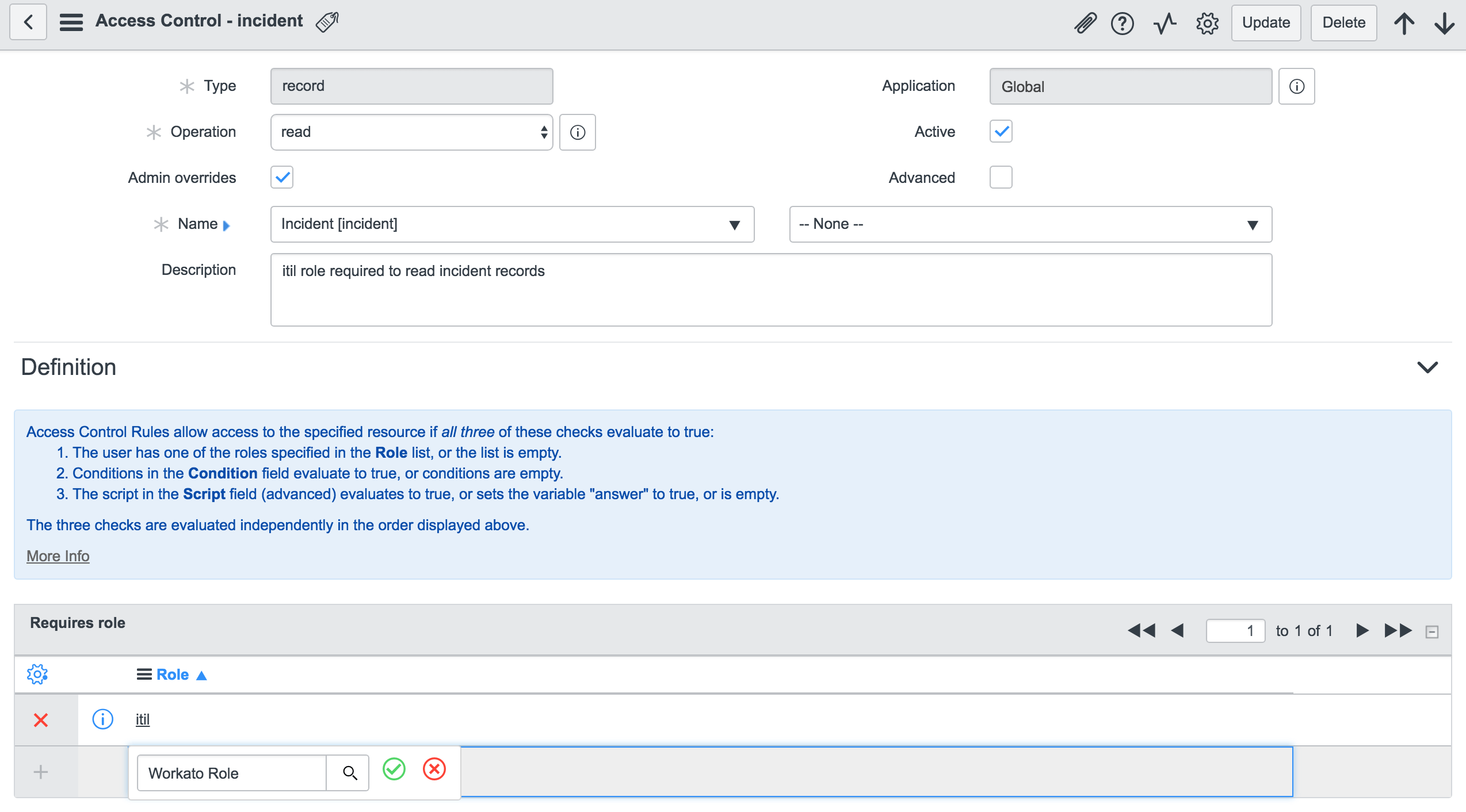 Granting access control rule for  table to custom role