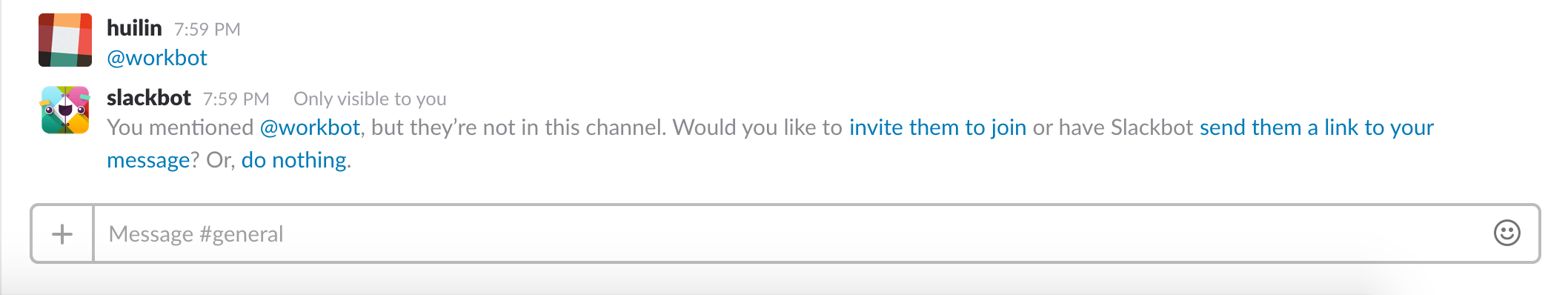 Invite Workbot to channels via mention