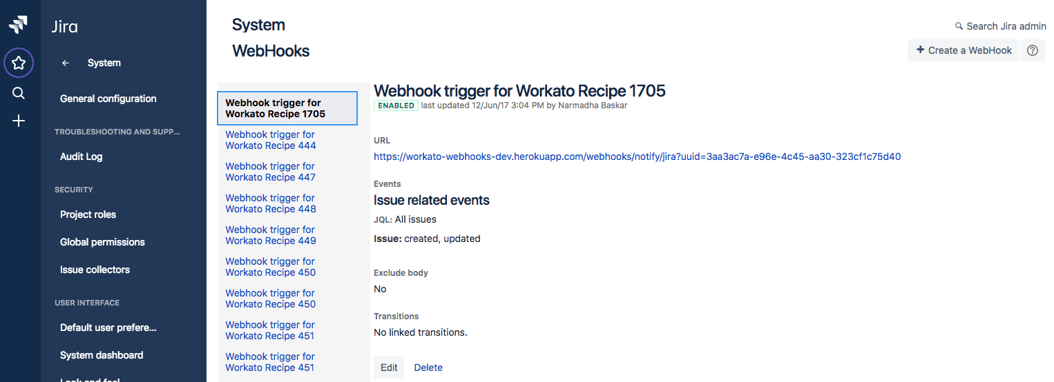 Jira webhook registration