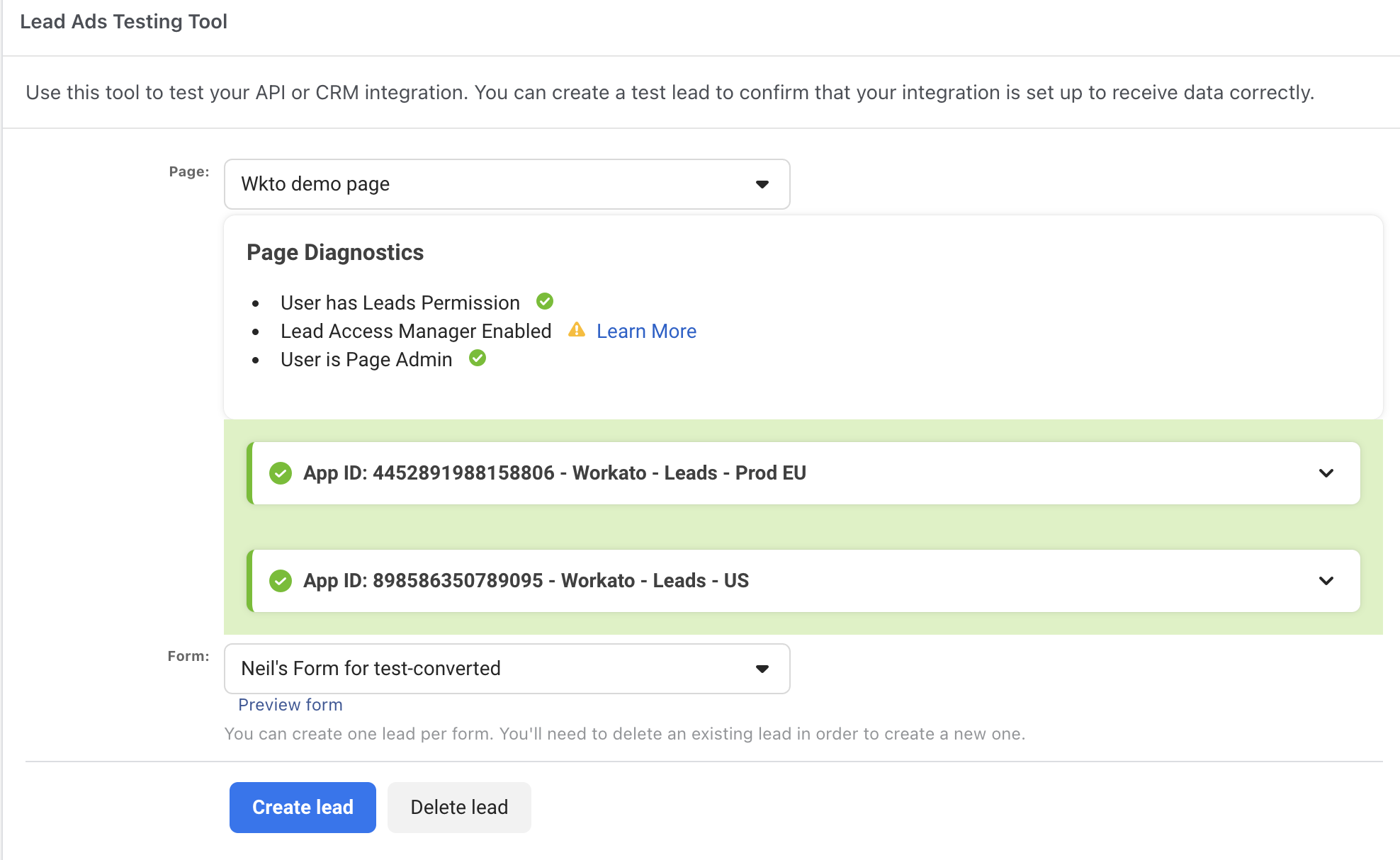 Lead Ads testing tool