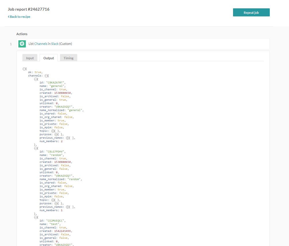 Job history - output showing channel data returned