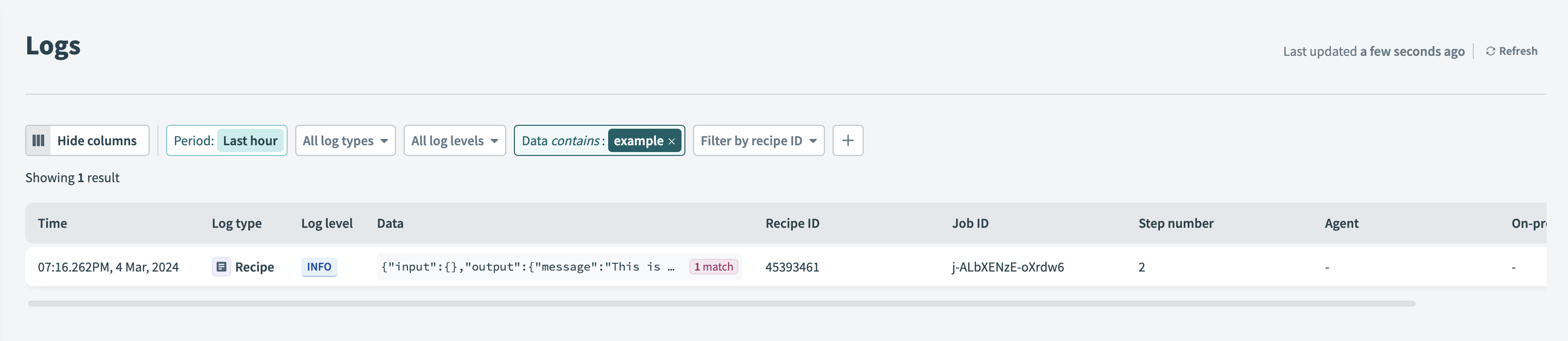 Logs filtered by a term in the Data field