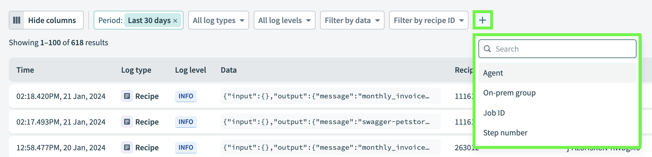 Select filters to display on the Logs page