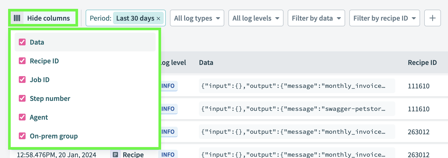 Showing columns all columns in the Logs page