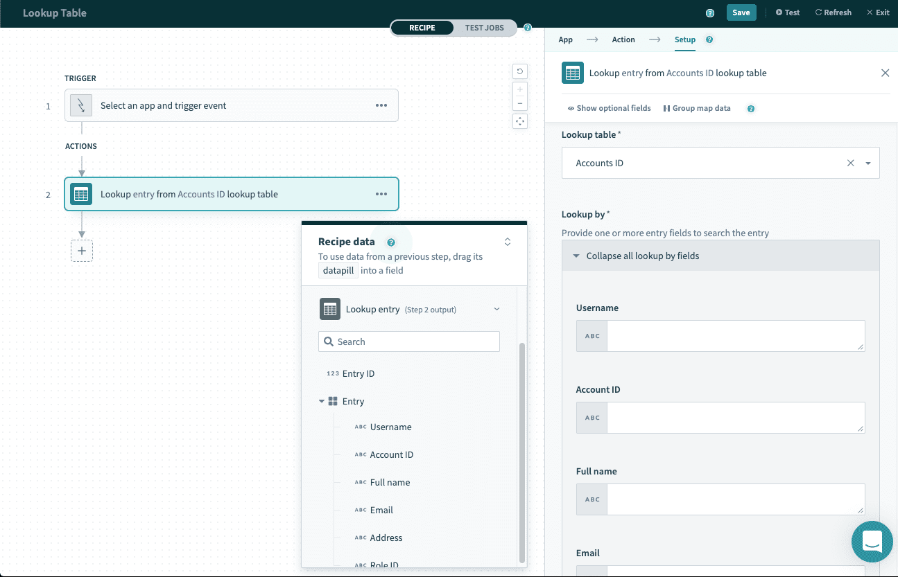 Using the lookup entry action in the recipe