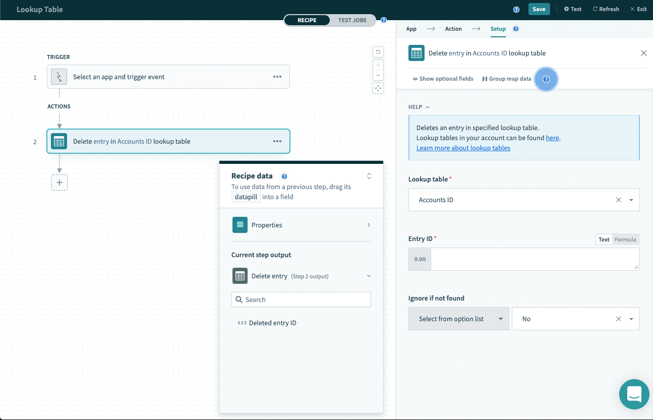 Using the delete entry action to delete Jeans data in the table Account