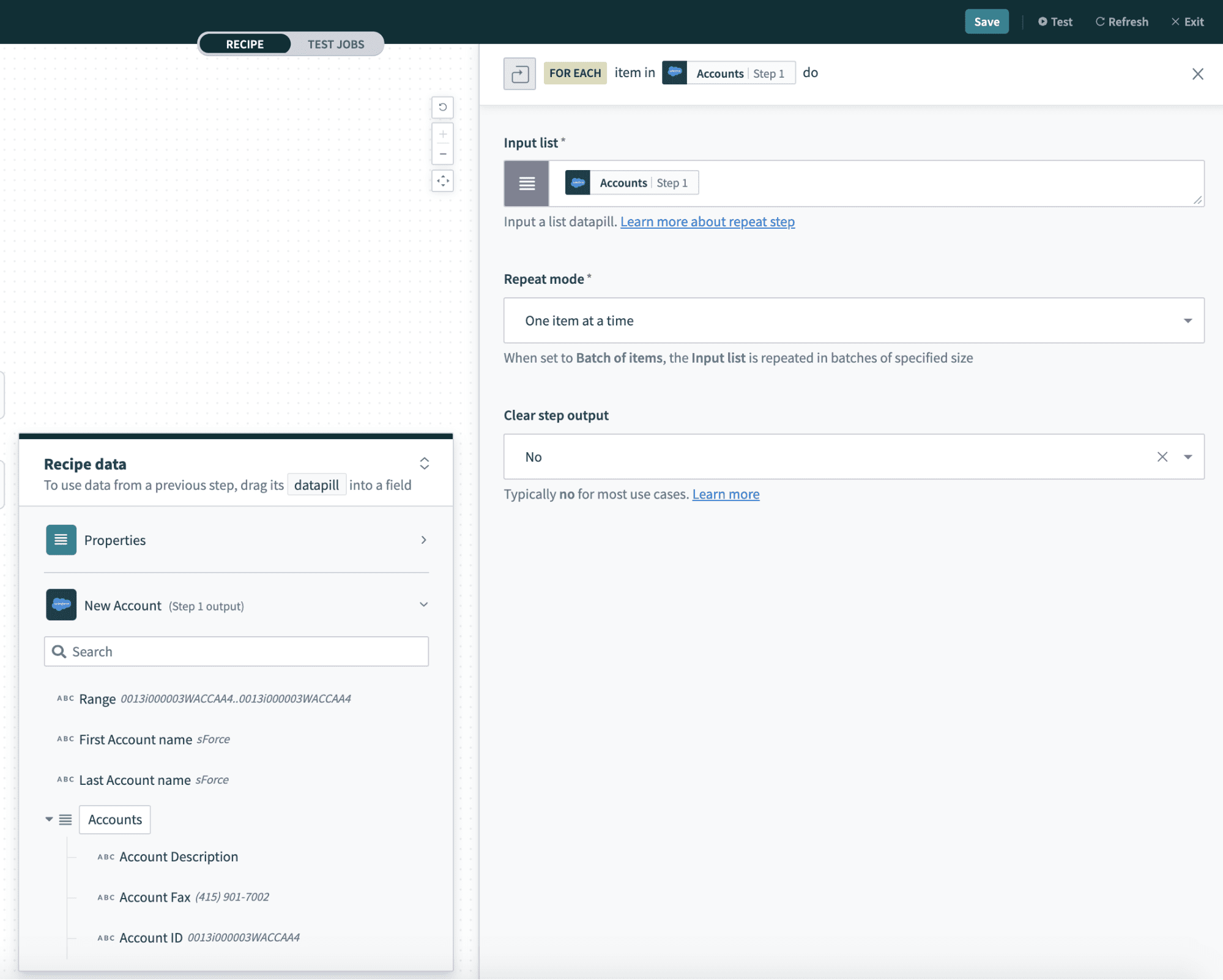 Map list data pill into the Repeat for each block