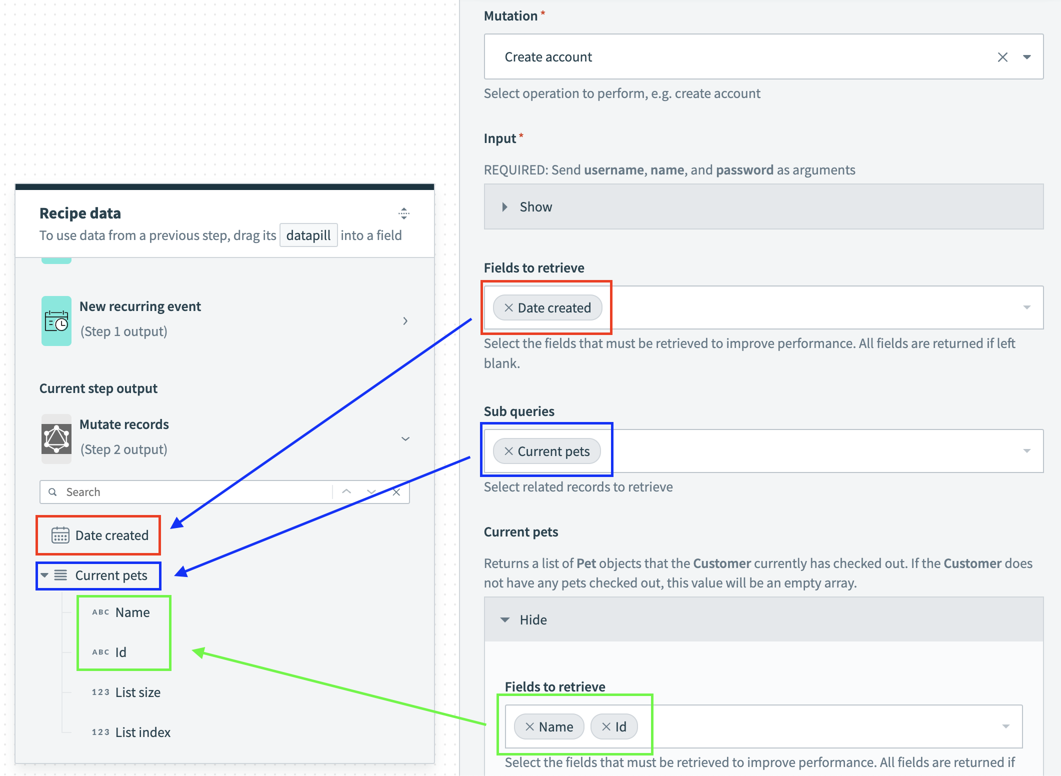 Example output fields for the GraphQL mutate records action