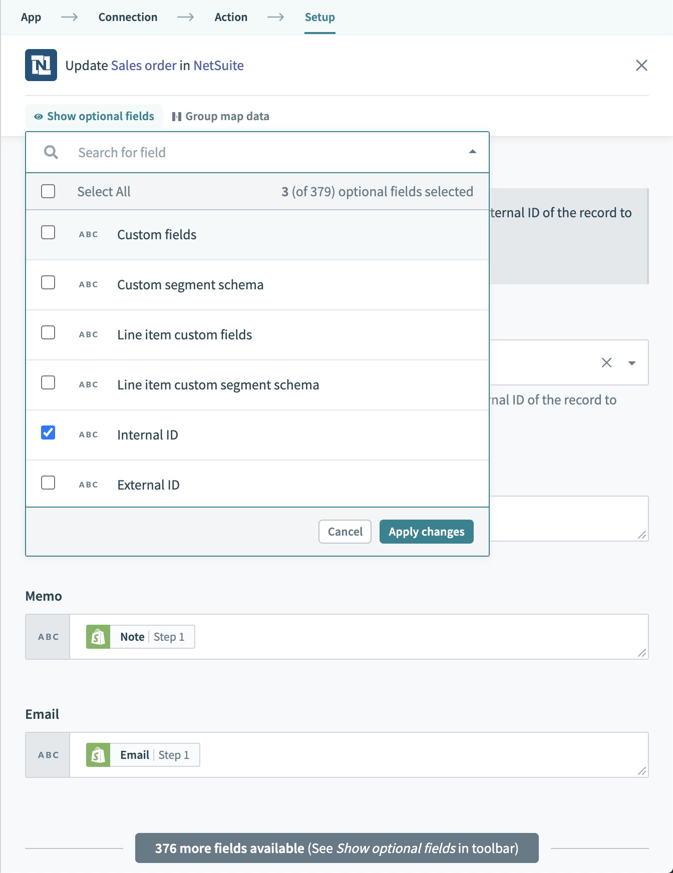 NetSuite fields selector