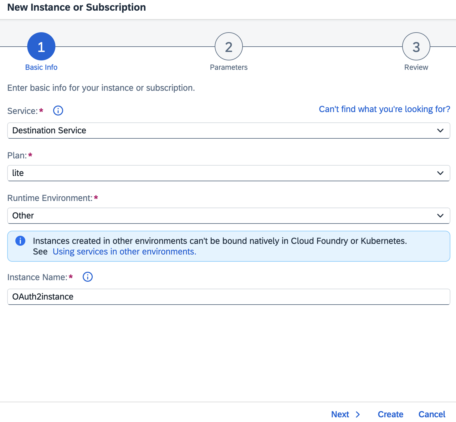 OAuth Service Instance creation