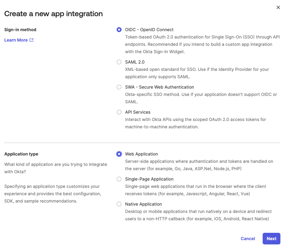 Create a new app integration