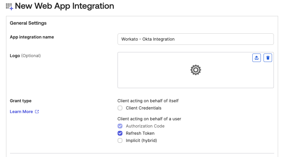 New Web App Integration page