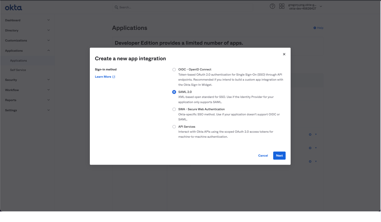 Create a new application on Okta