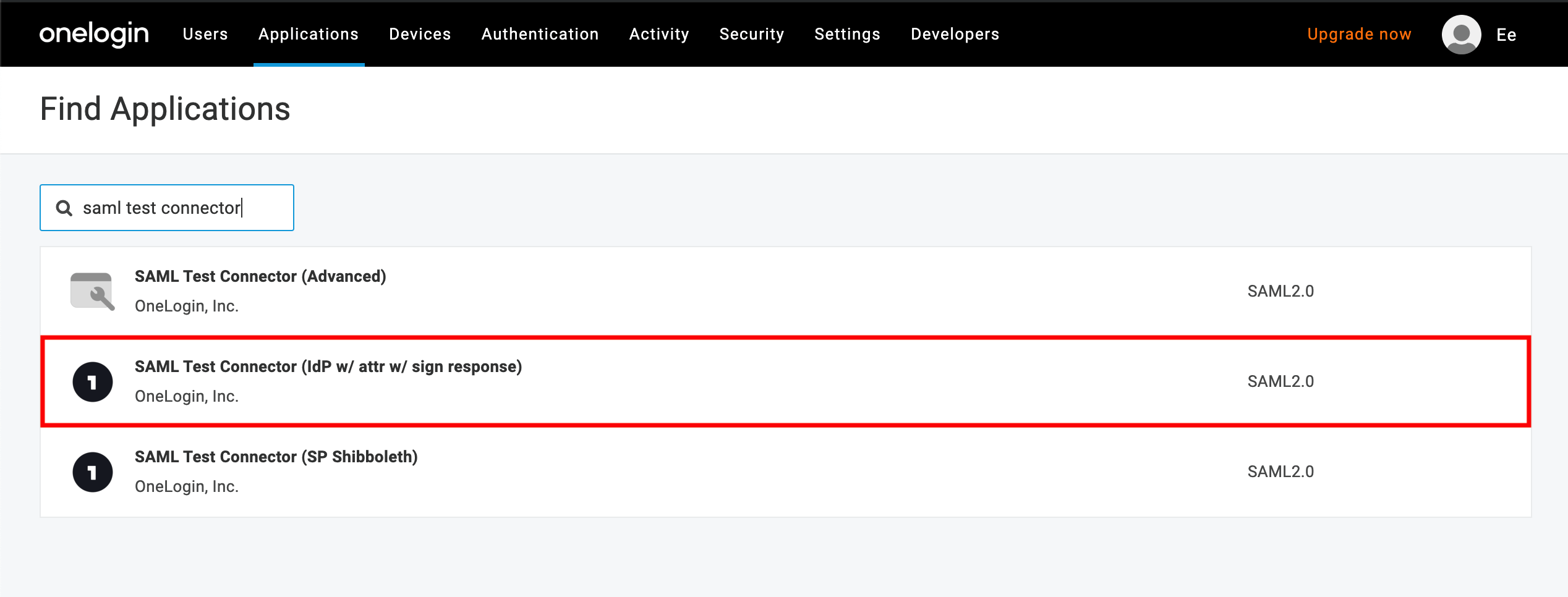 SAML test connector