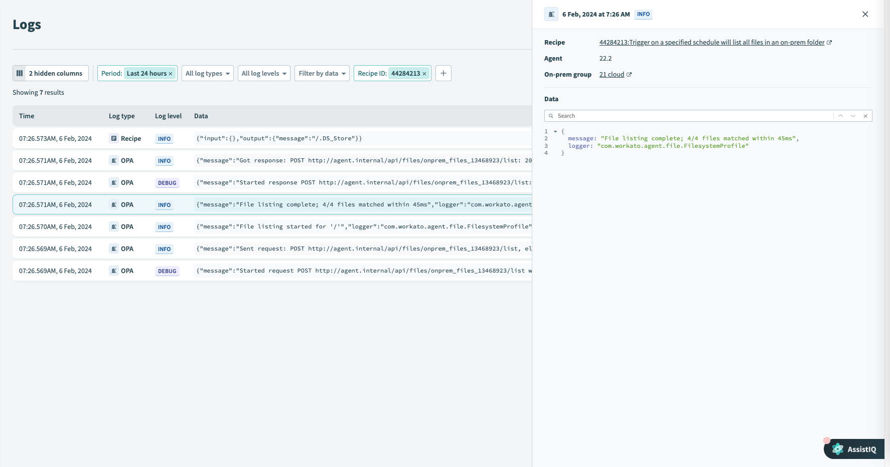 OPA logs in the Workato Logging Service