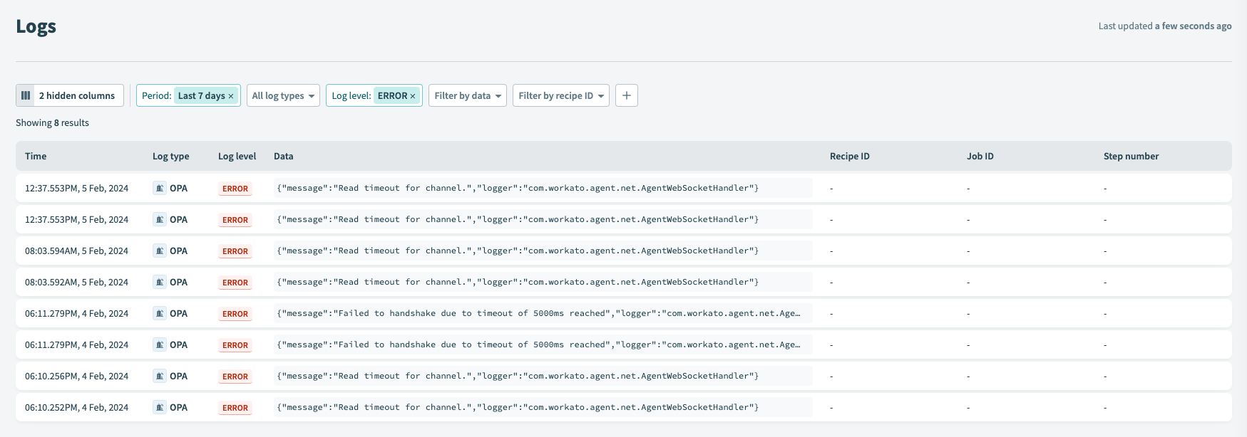 OPA logs in the Workato Logging Service