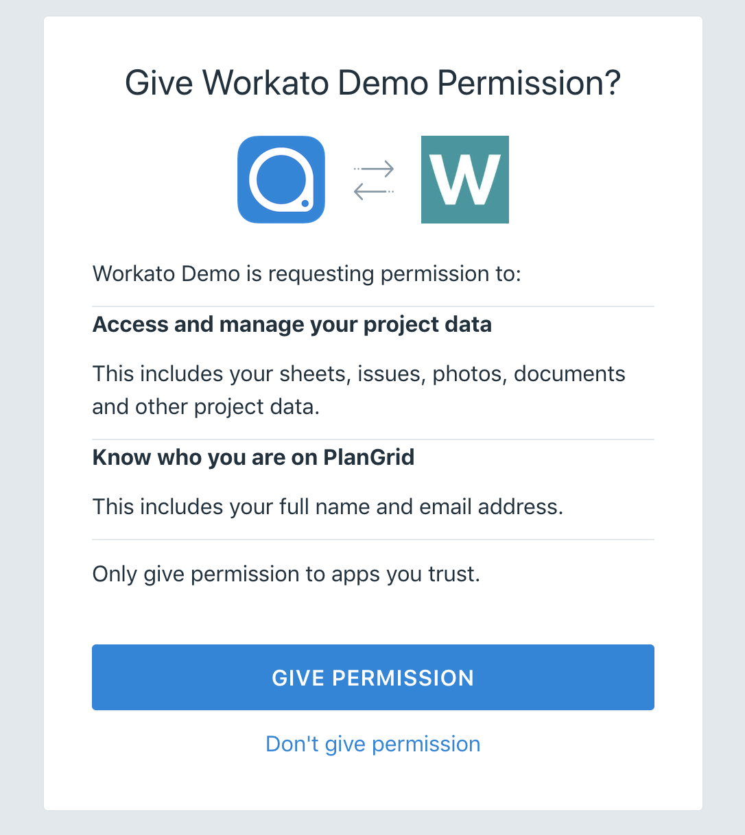 PlanGrid connection page on Workato