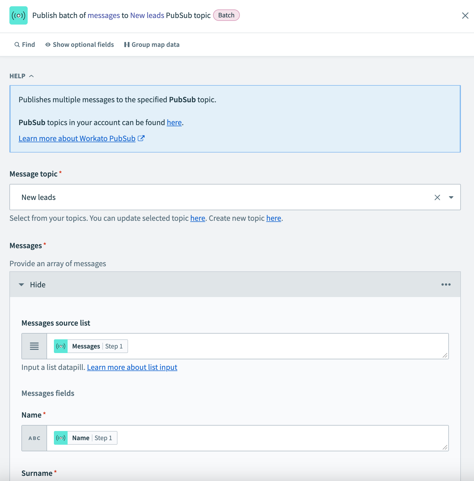 Publish message action configuration