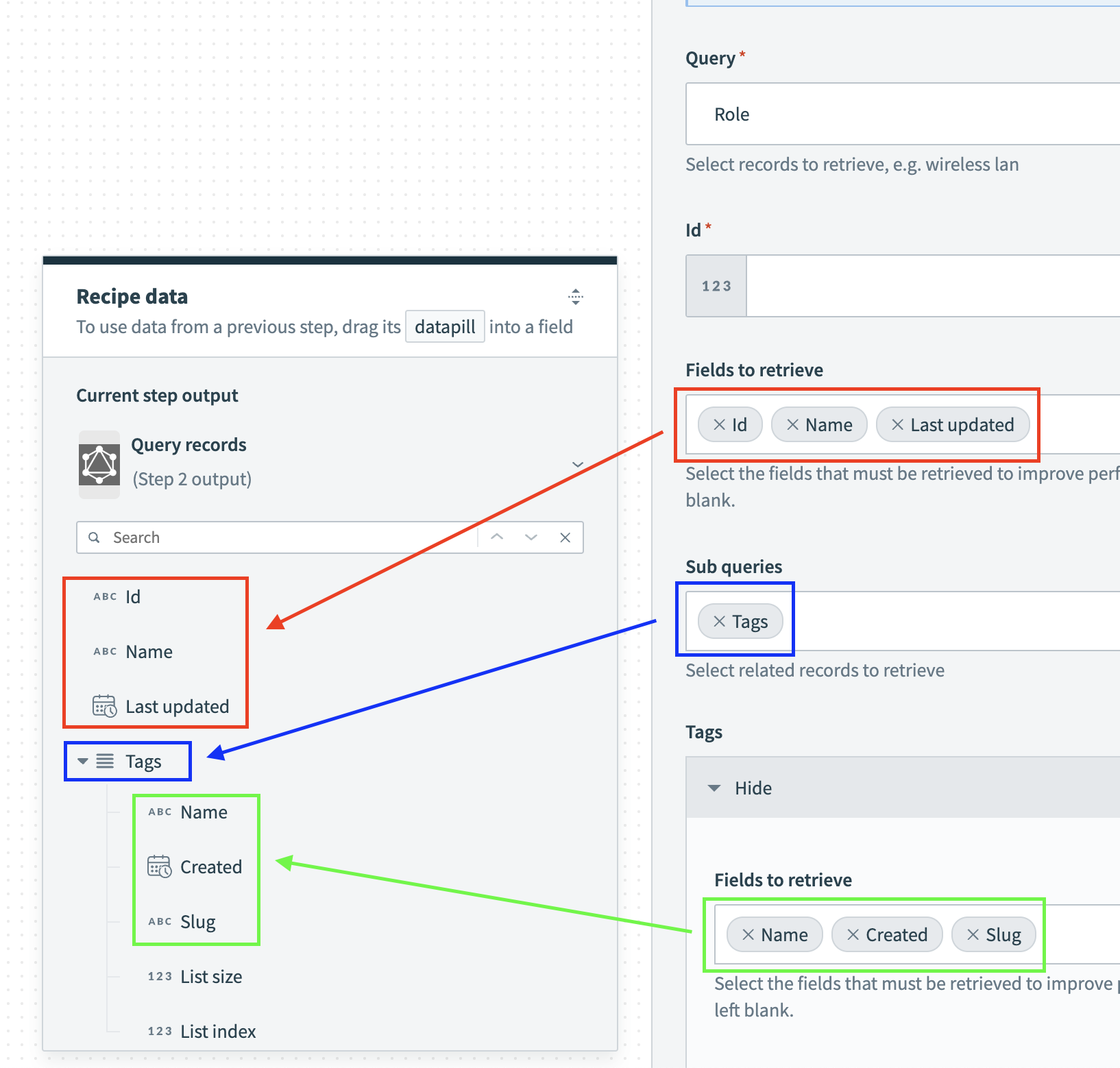 Example output fields for the GraphQL query records action