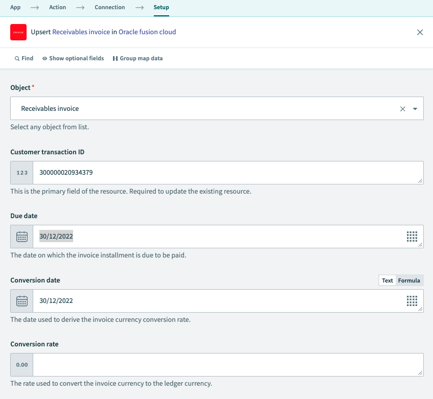 Receivables invoice object upsert