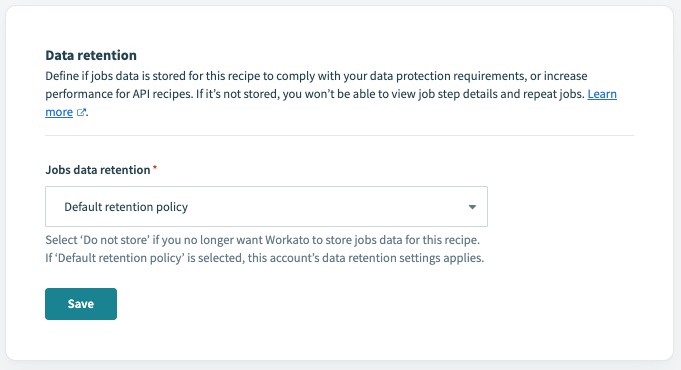 Recipe-level data retention policy