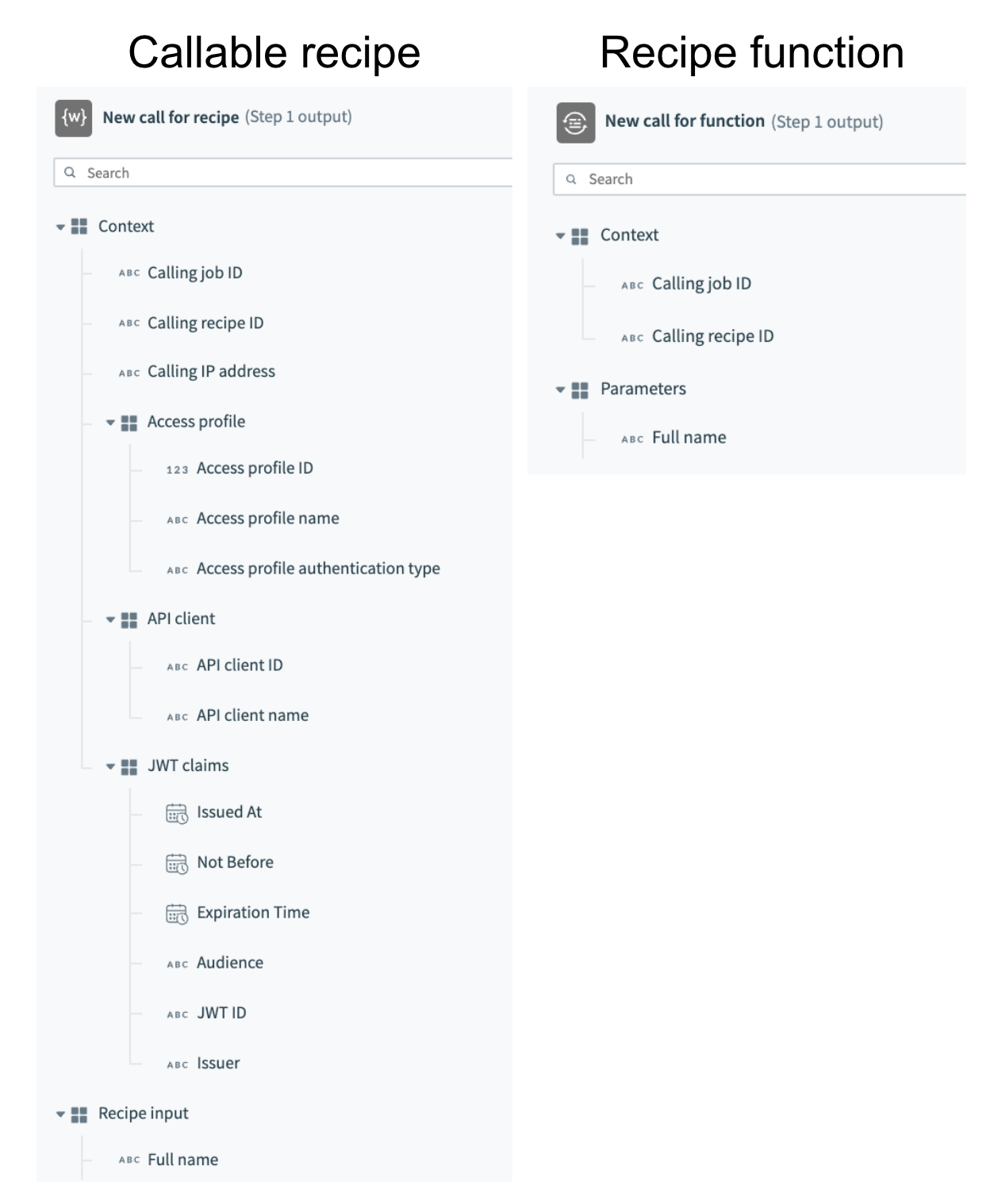 Comparison of data structures between callable recipes and recipe functions