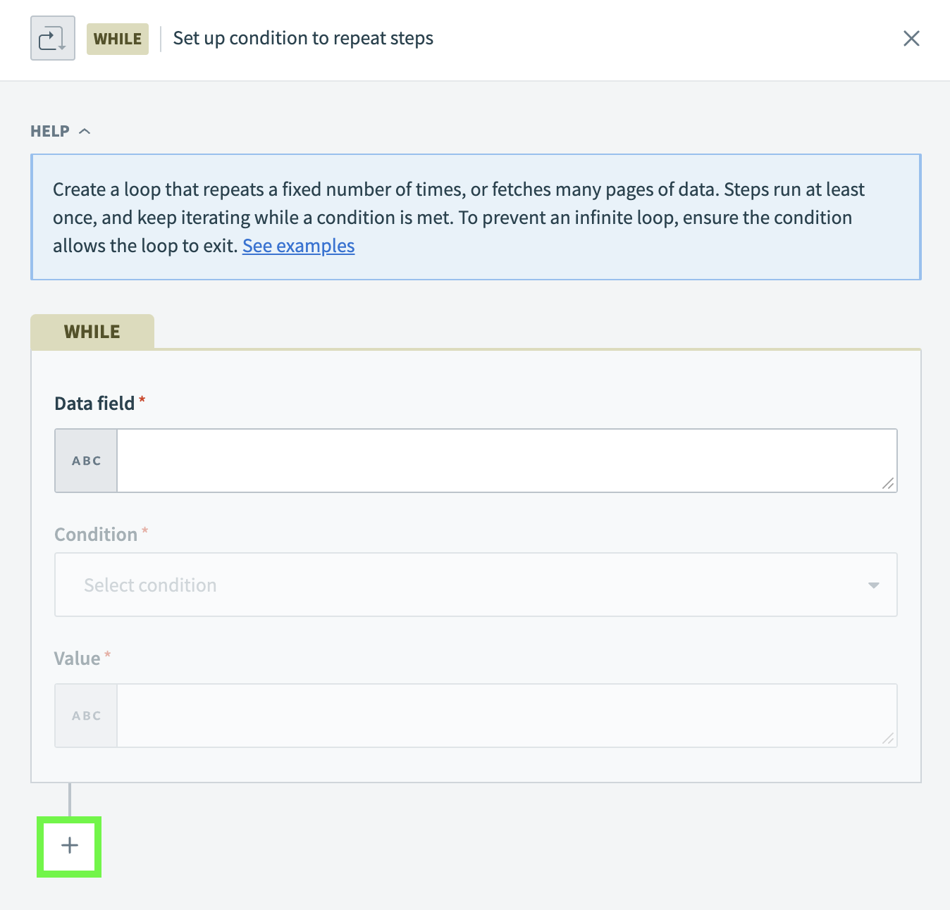 Set up additional condition to repeat steps in Repeat while loop