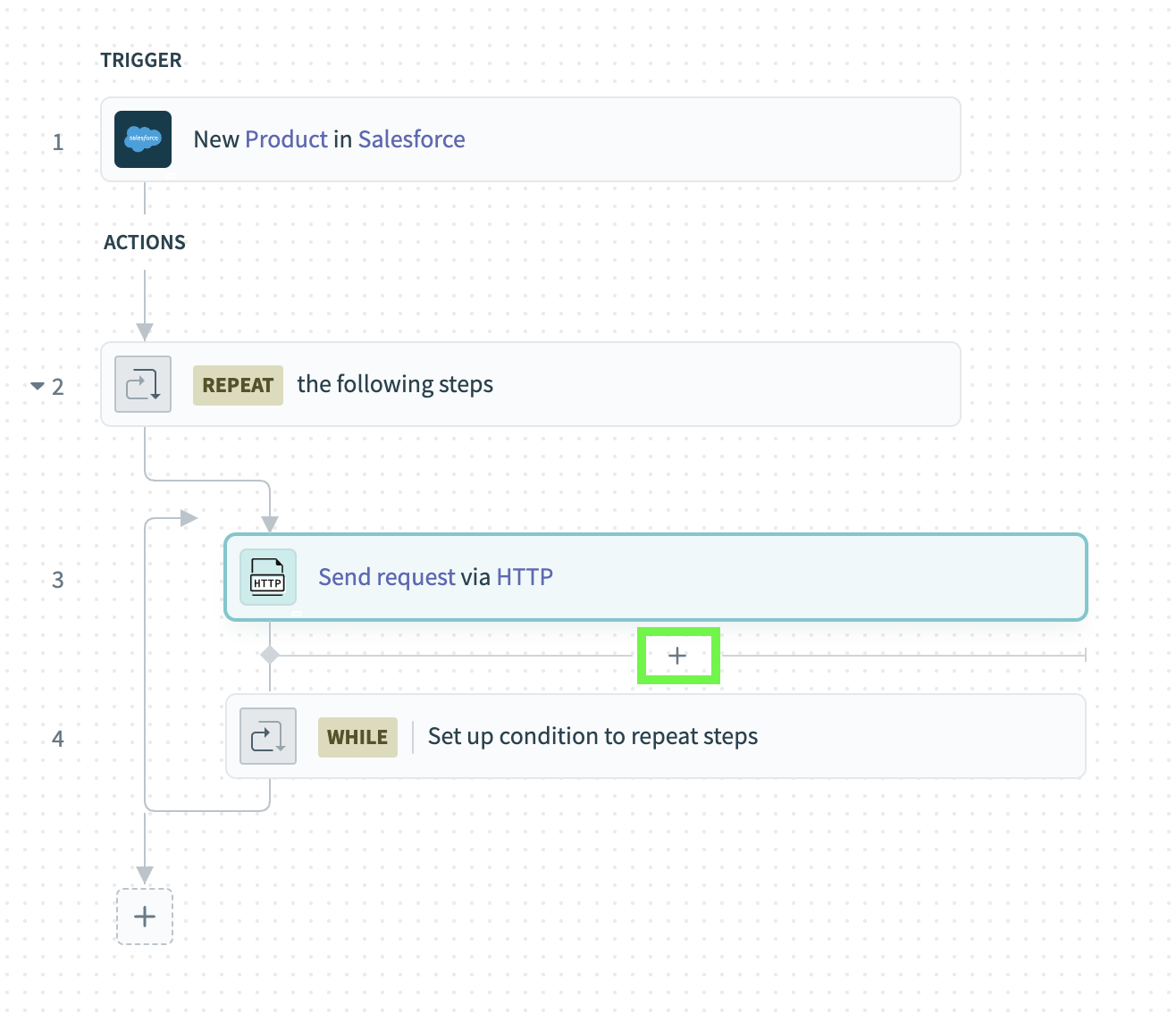 Add a new step inside the Repeat while block