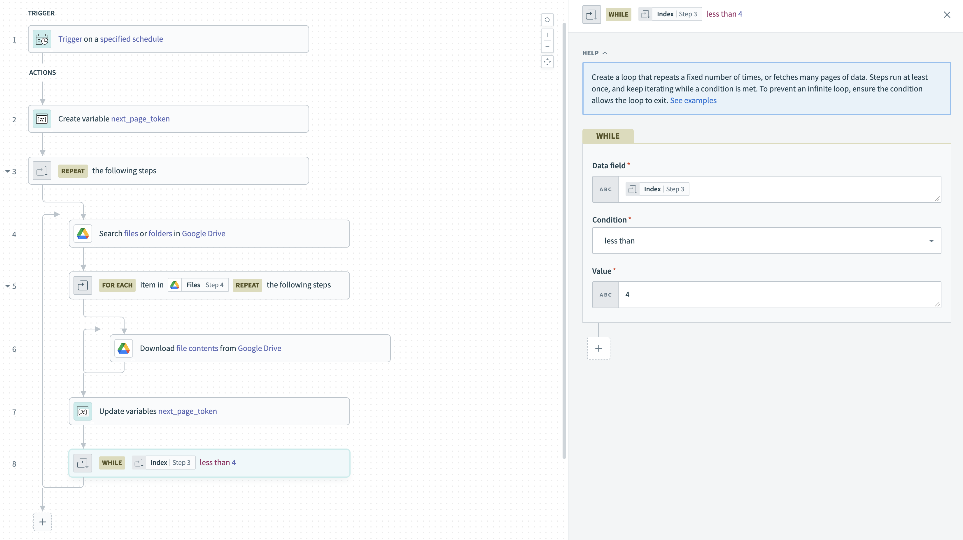 Repeat while example using fixed-count loop and pagination through next page token