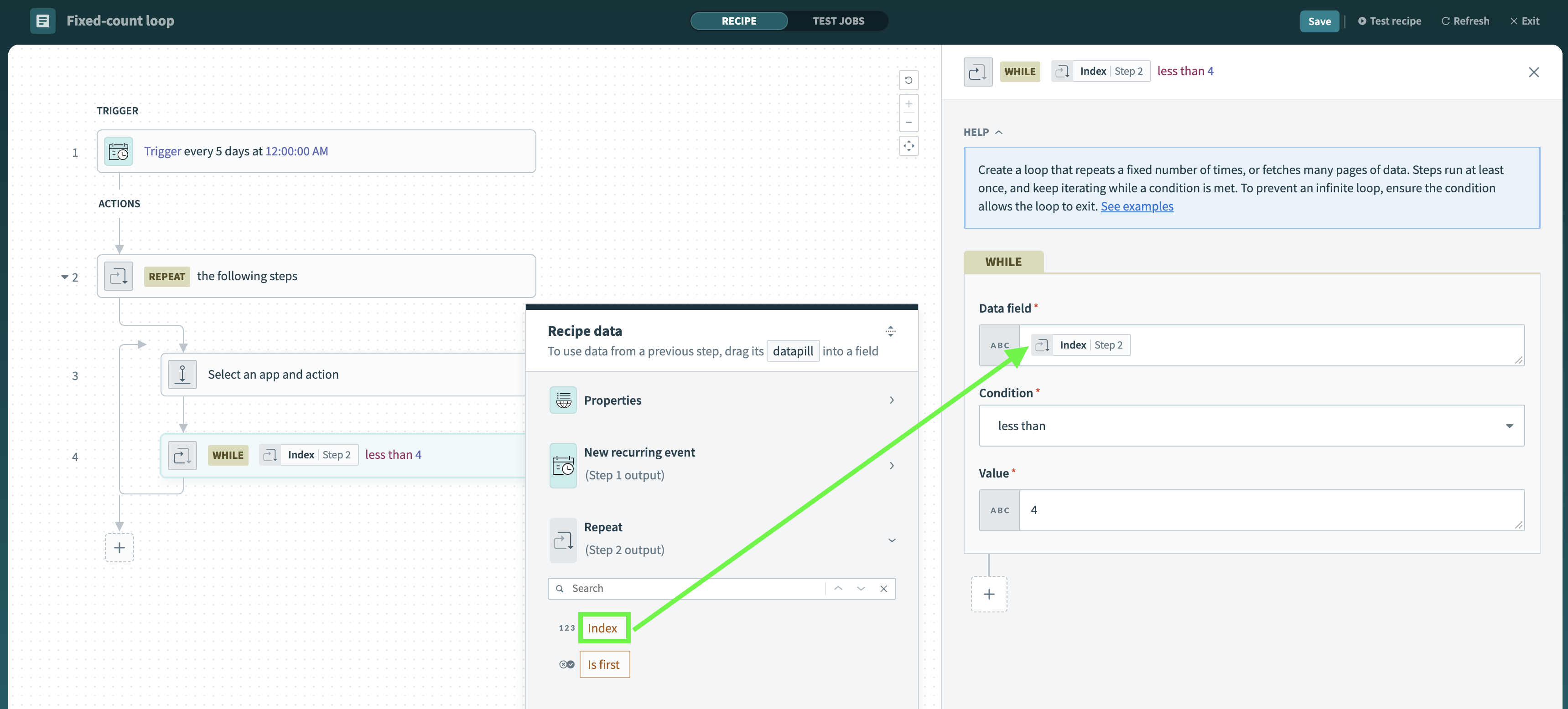 Use the Index datapill in a Repeat while block