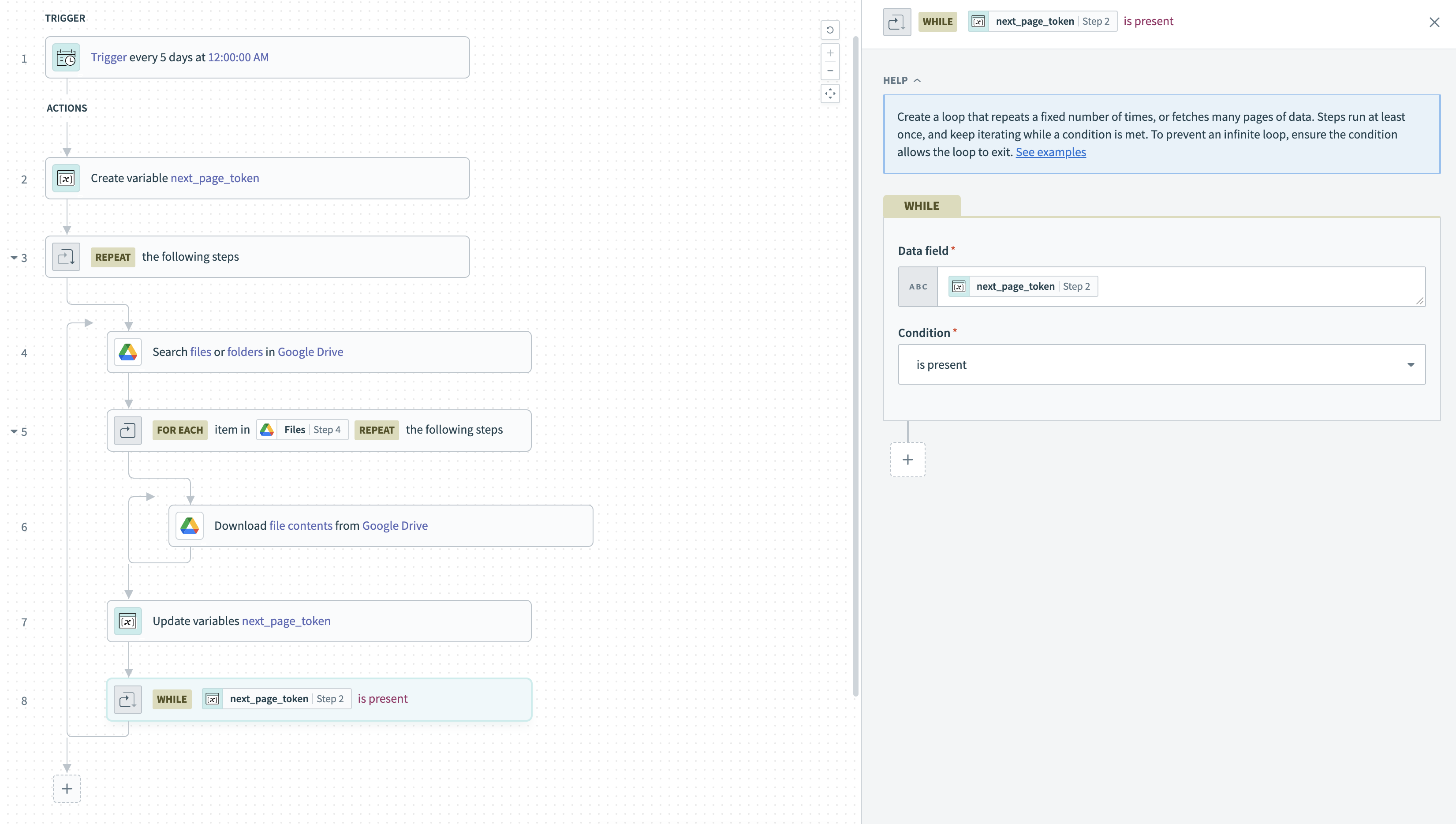 Repeat while example using pagination through next page token