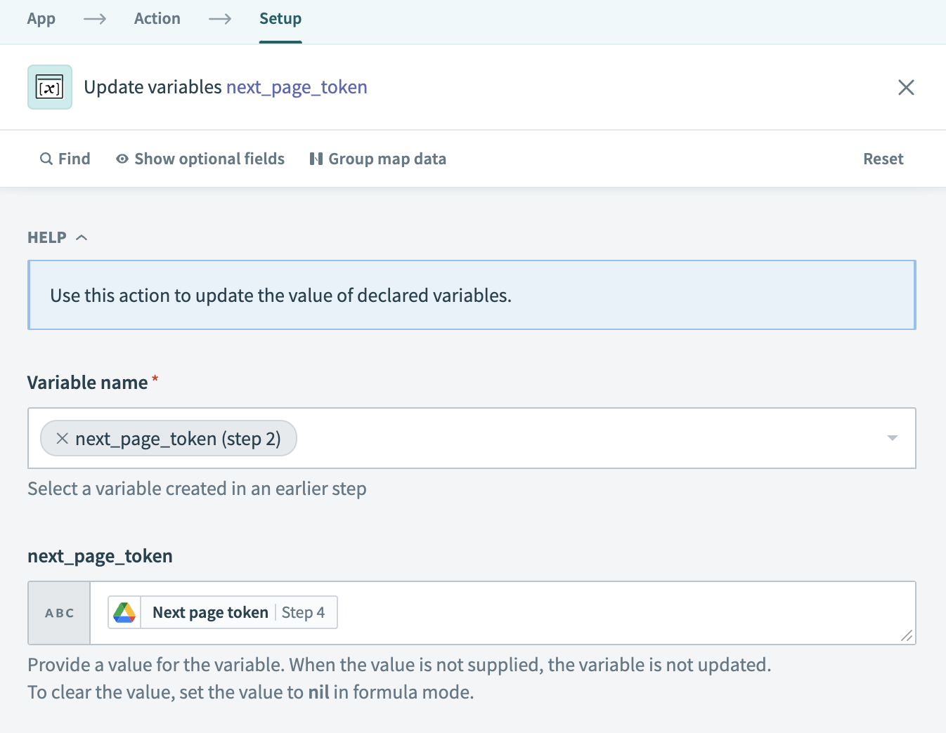 Update the next_page_token variable in a Repeat while block