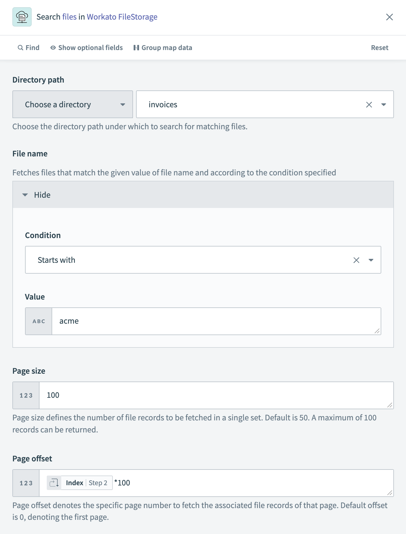 Example input for a FileStorage search using pagination through offset