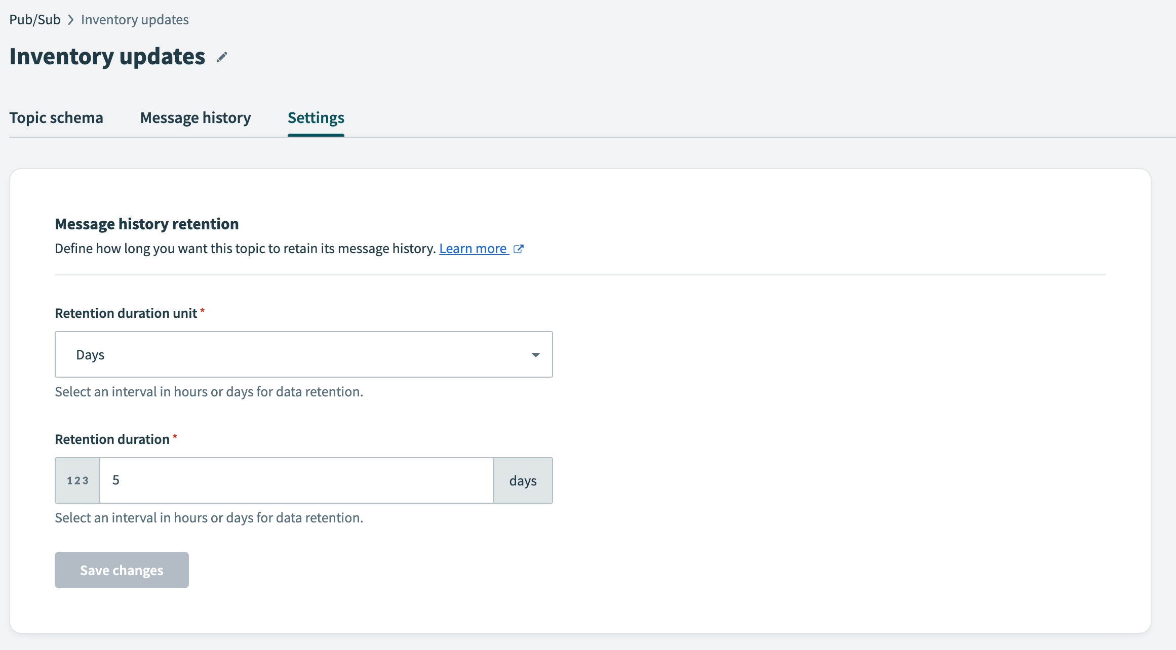 Topic retention settings