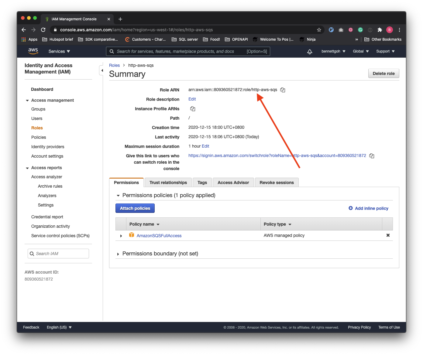 AWS Role summary page