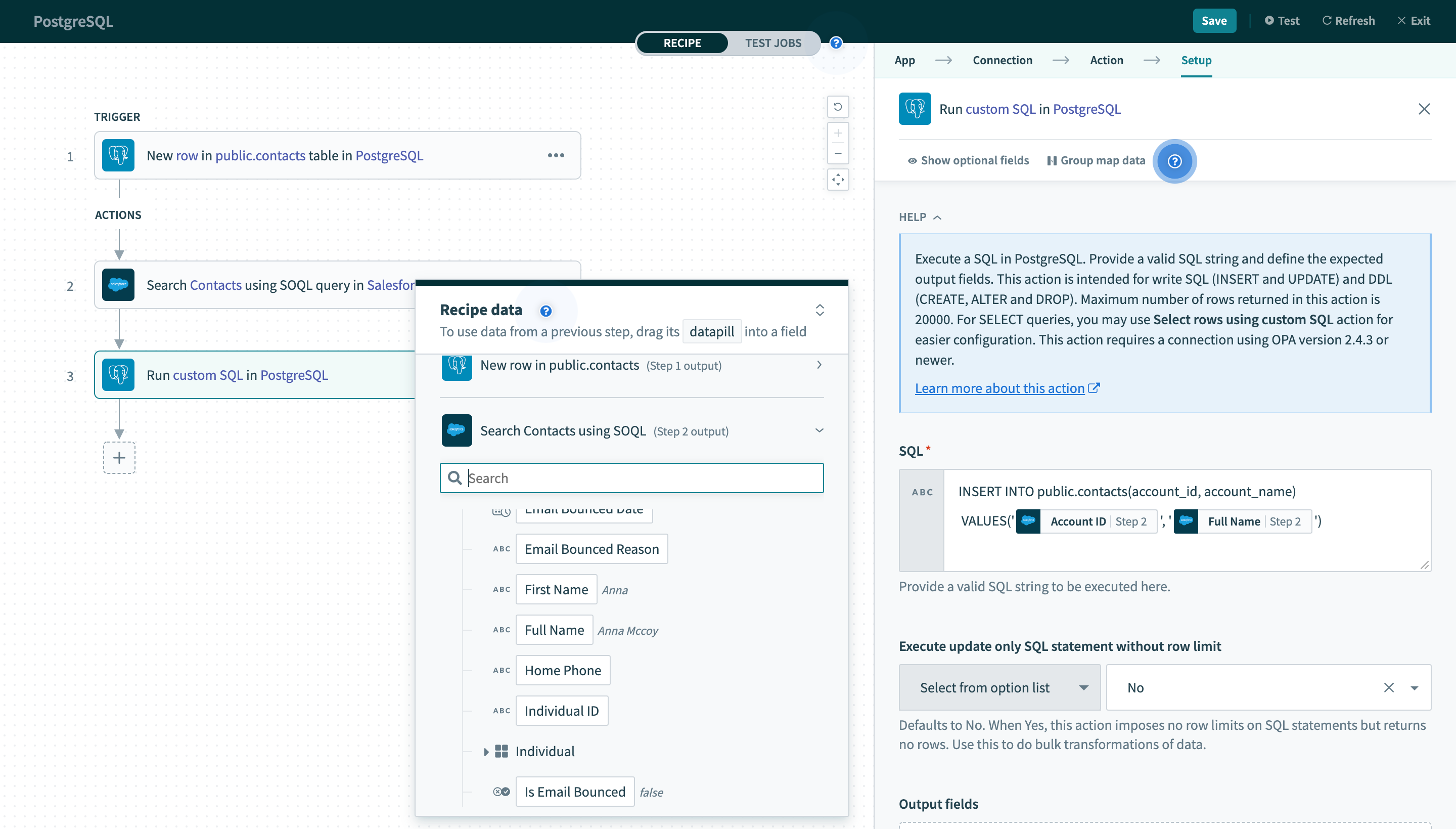 Run custom SQL action