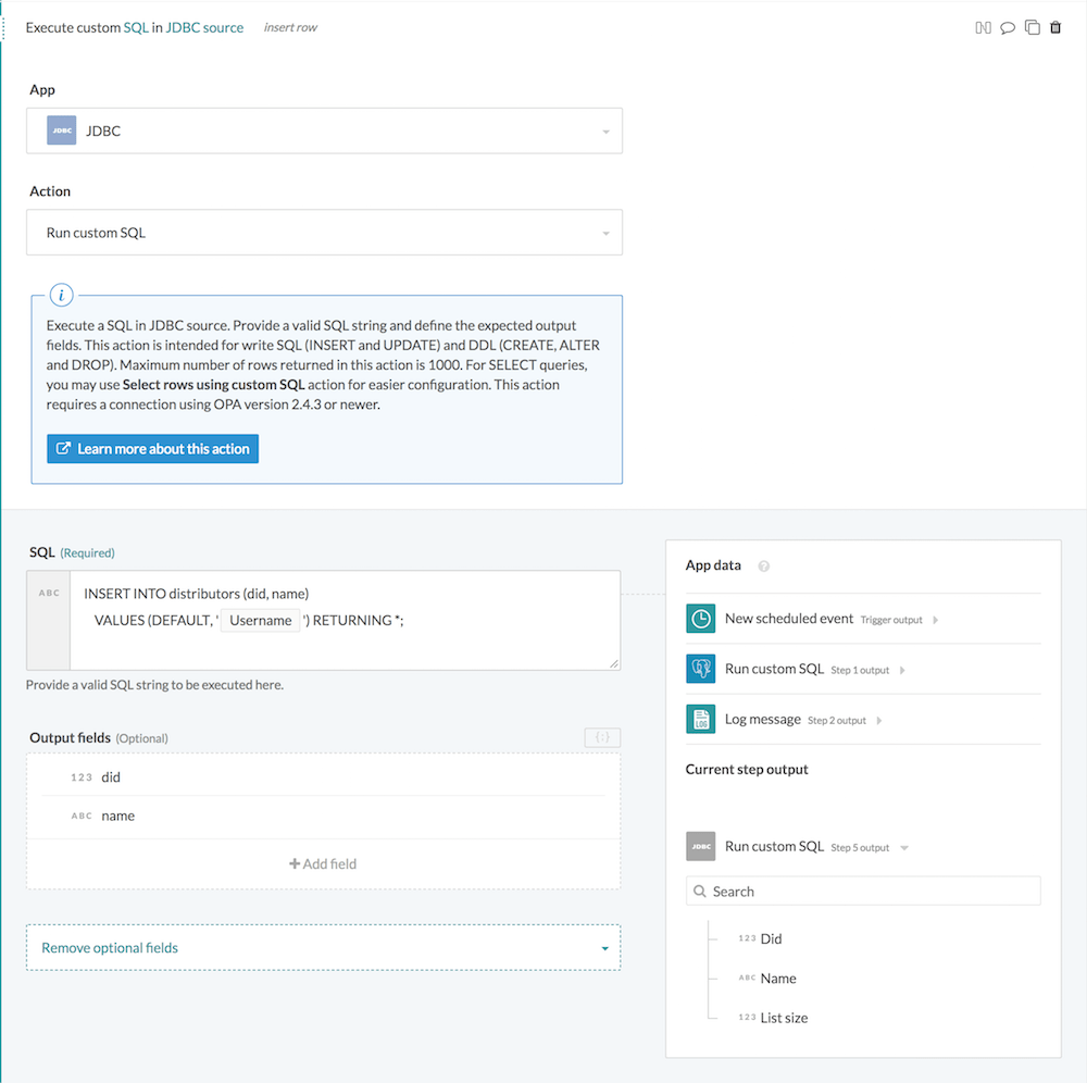 Run custom SQL action