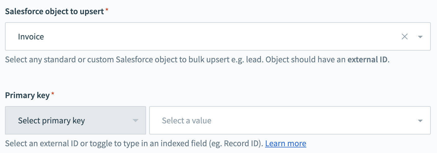 Salesforce bulk upsert action - configured Salesforce object section