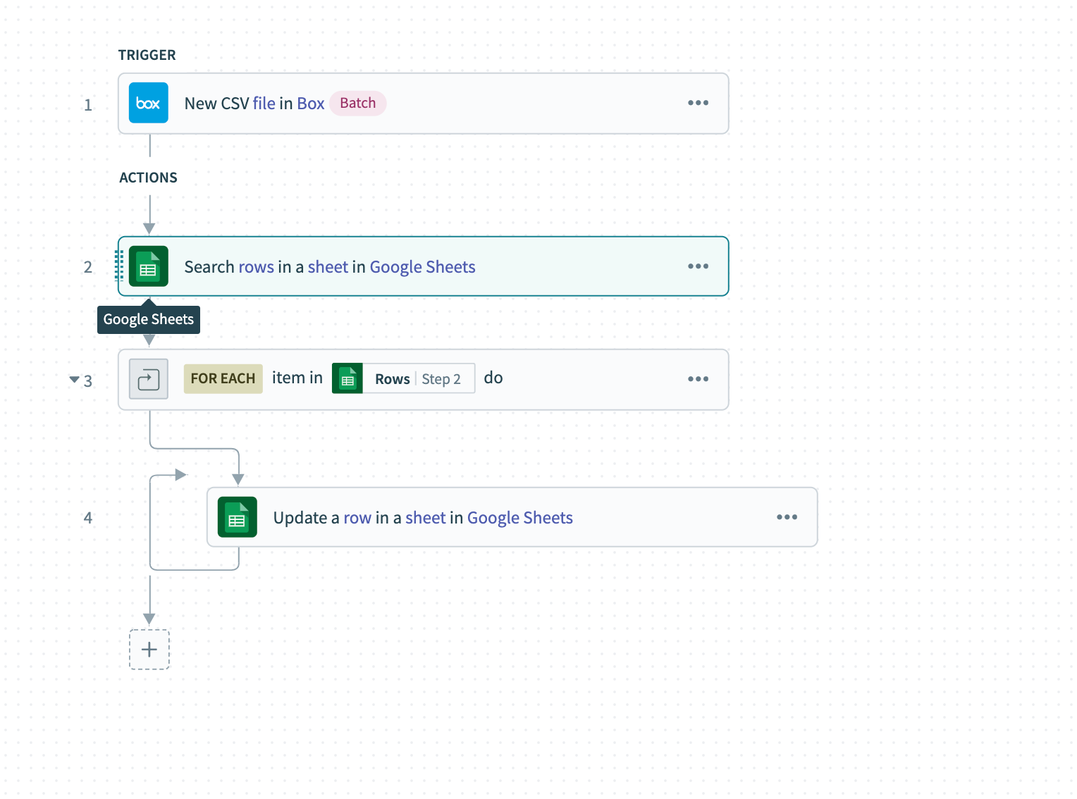 Sample recipe of Google Sheets Search & Update 