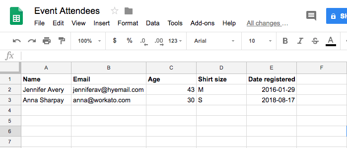 Sample Google sheet