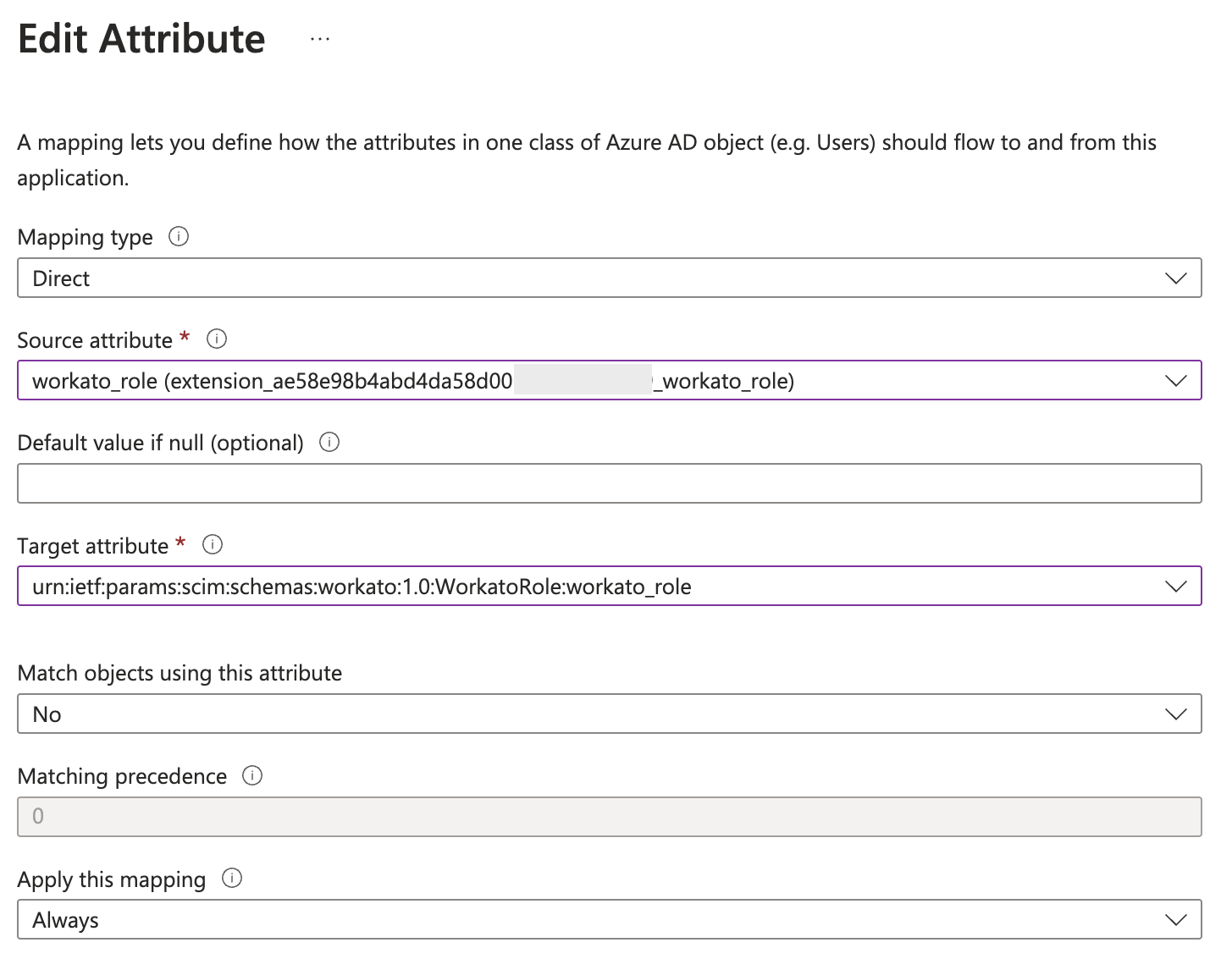 Edit attribute mapping for workato_role