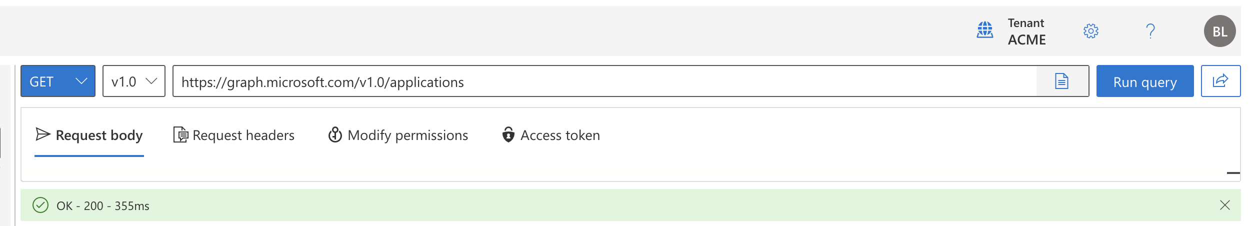 Example request to list applications using Microsoft Graph Explorer