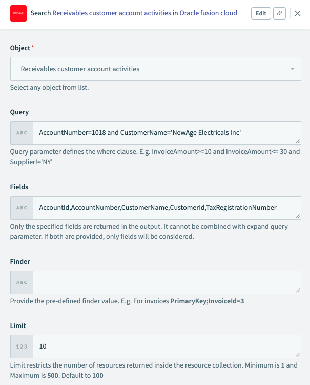 Receivables customer account activities search using advanced query action