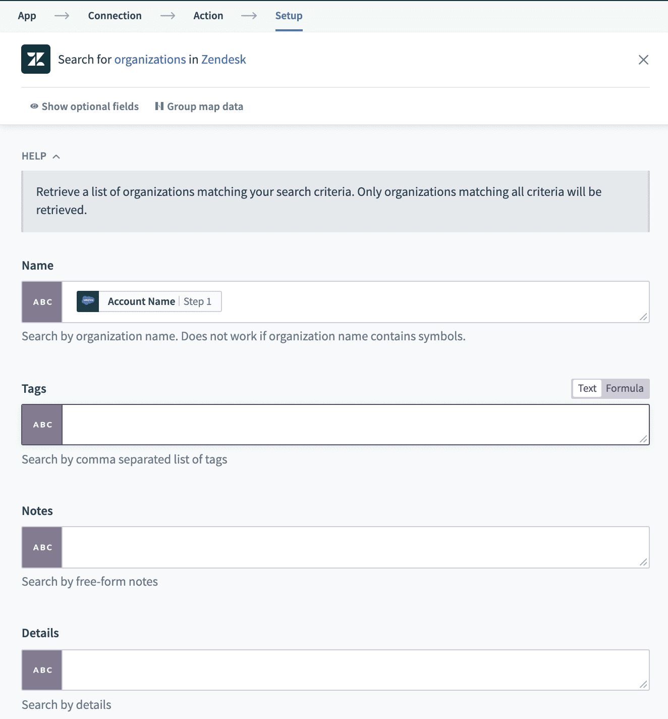 Search Zendesk organizations by Salesforce account name