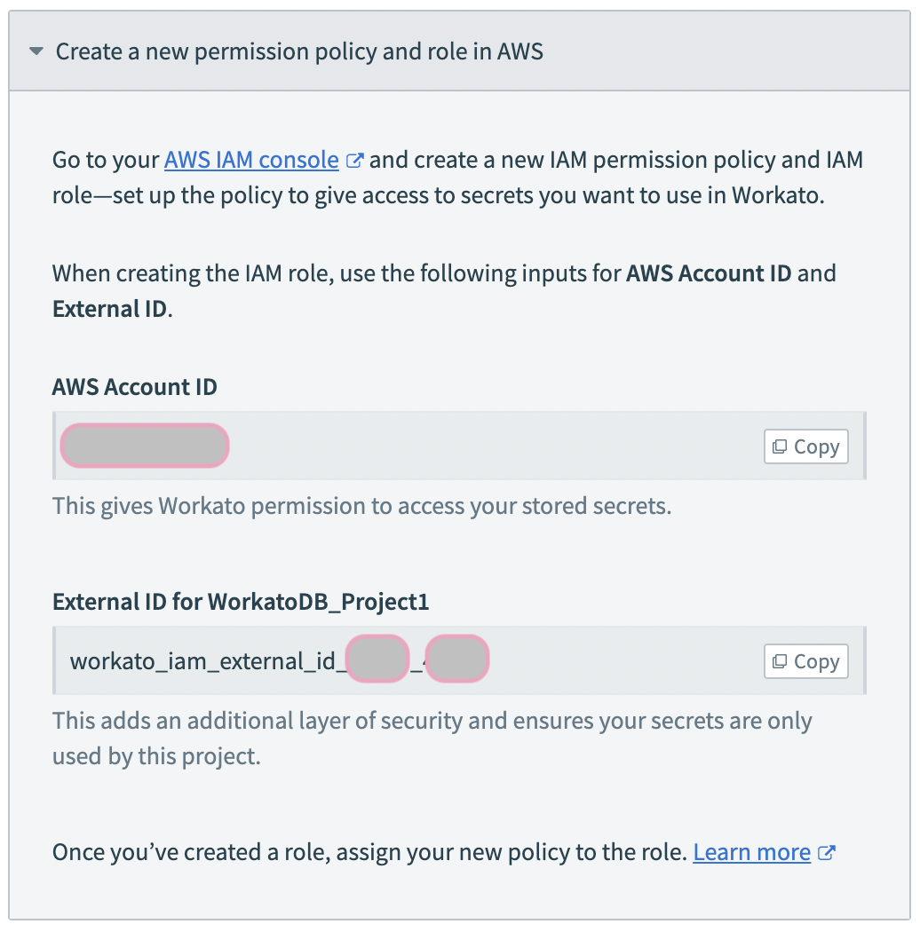 ID values for AWS project secrets manager